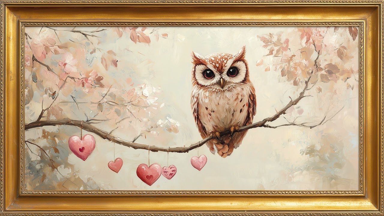 Cute Valentine's TV Screensaver | Vintage Owl Painting | Gold Frame TV Art | 4K Wallpaper