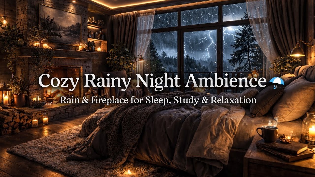 Stormy Bedroom Fireplace Ambience ⛈️ Heavy Rain and Thunder Cozy Night for Deep Sleep & Relaxation 