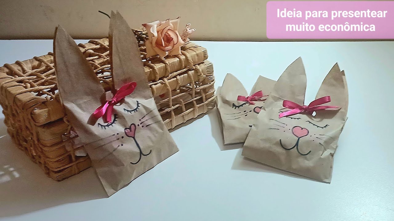 Embalagem Coelho com saco de papel kraft | lembrancinha de Páscoa fácil e econômica