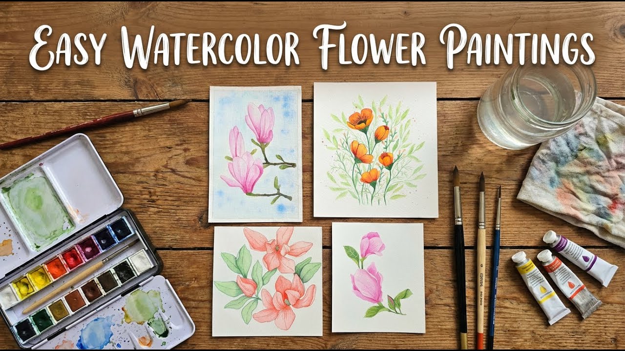 Easy watercolor painting of spring flowers/watercolor painting of magnolia flowers