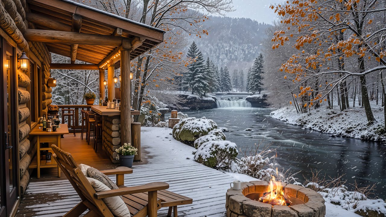 4K Riverside Winter Cabin Ambience ❄️ Fire Crakling ,  Relax Music & Nature Sounds for Sleep