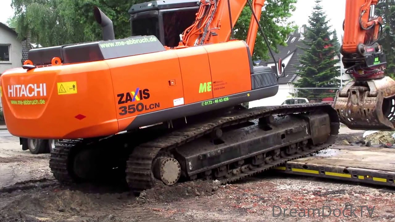 HITACHI ZAXIS 350 BAGGER VERLADUNG AUF SCHWERTRANSPORT ABBRUCH BAUSTELLE