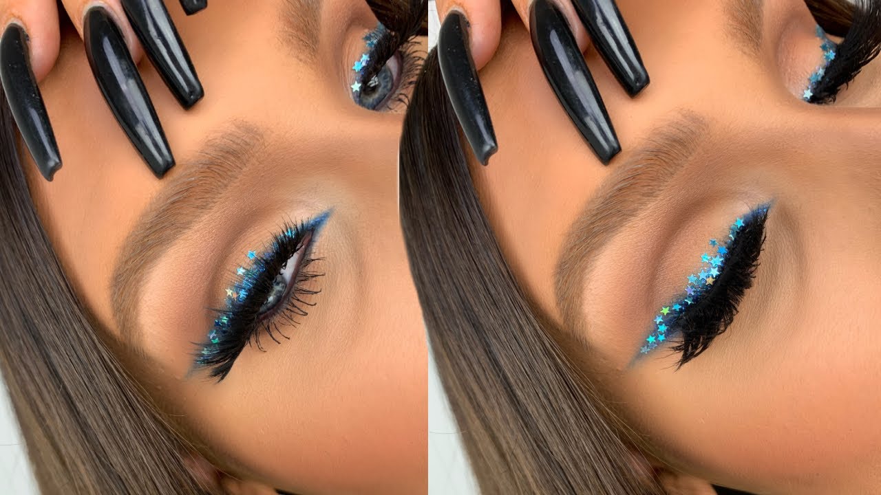 Smokey Blue Glitter Star Eyeliner | Christmas Party Holiday Makeup Look