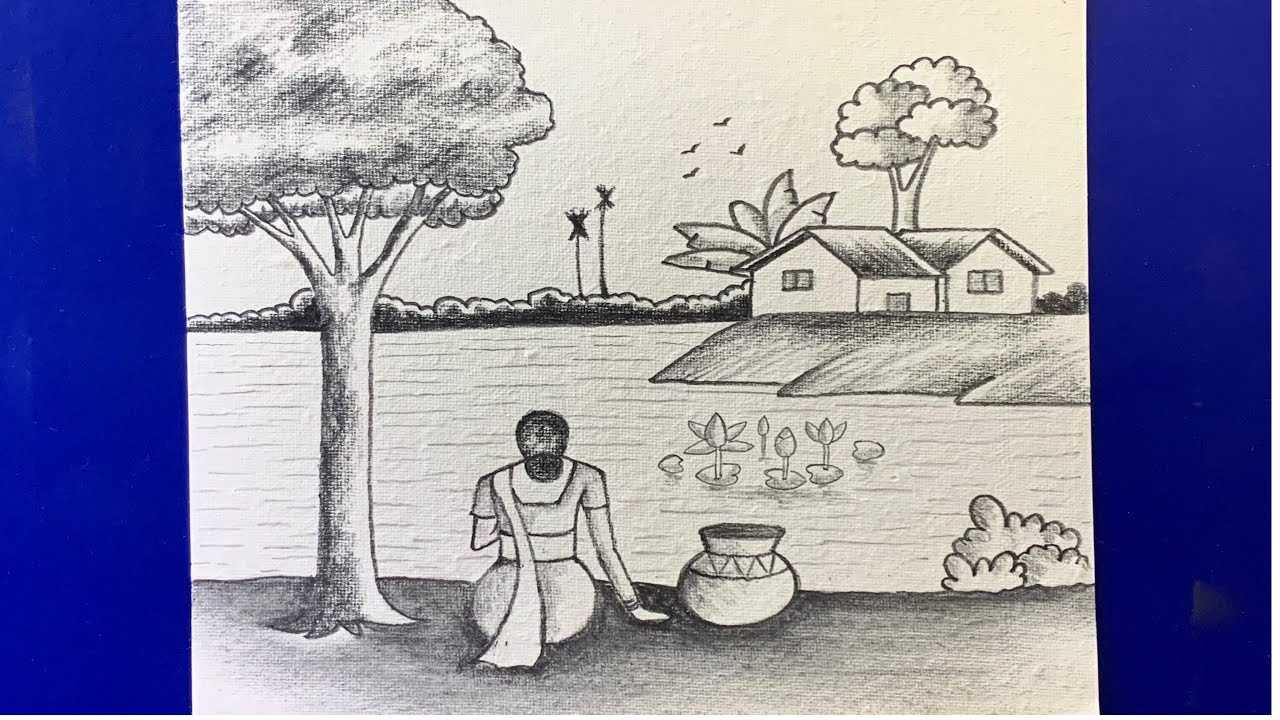 How to draw a simple with river side village