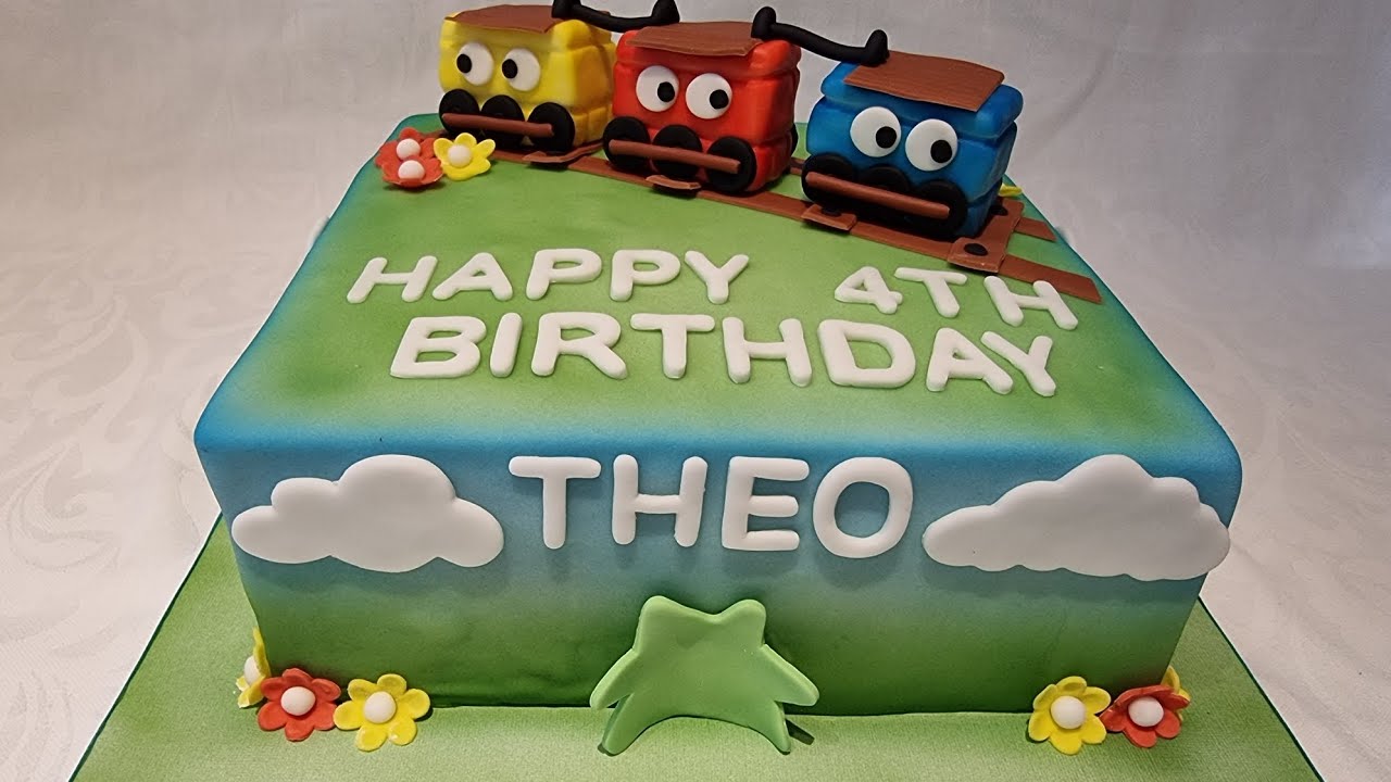 Torta cuadrada aerografiada con  trenes - paso a paso
