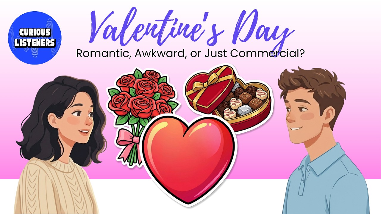 Conversational Podcast for English Learning: Valentine’s Day: Romantic, Awkward, or Just Commercial?