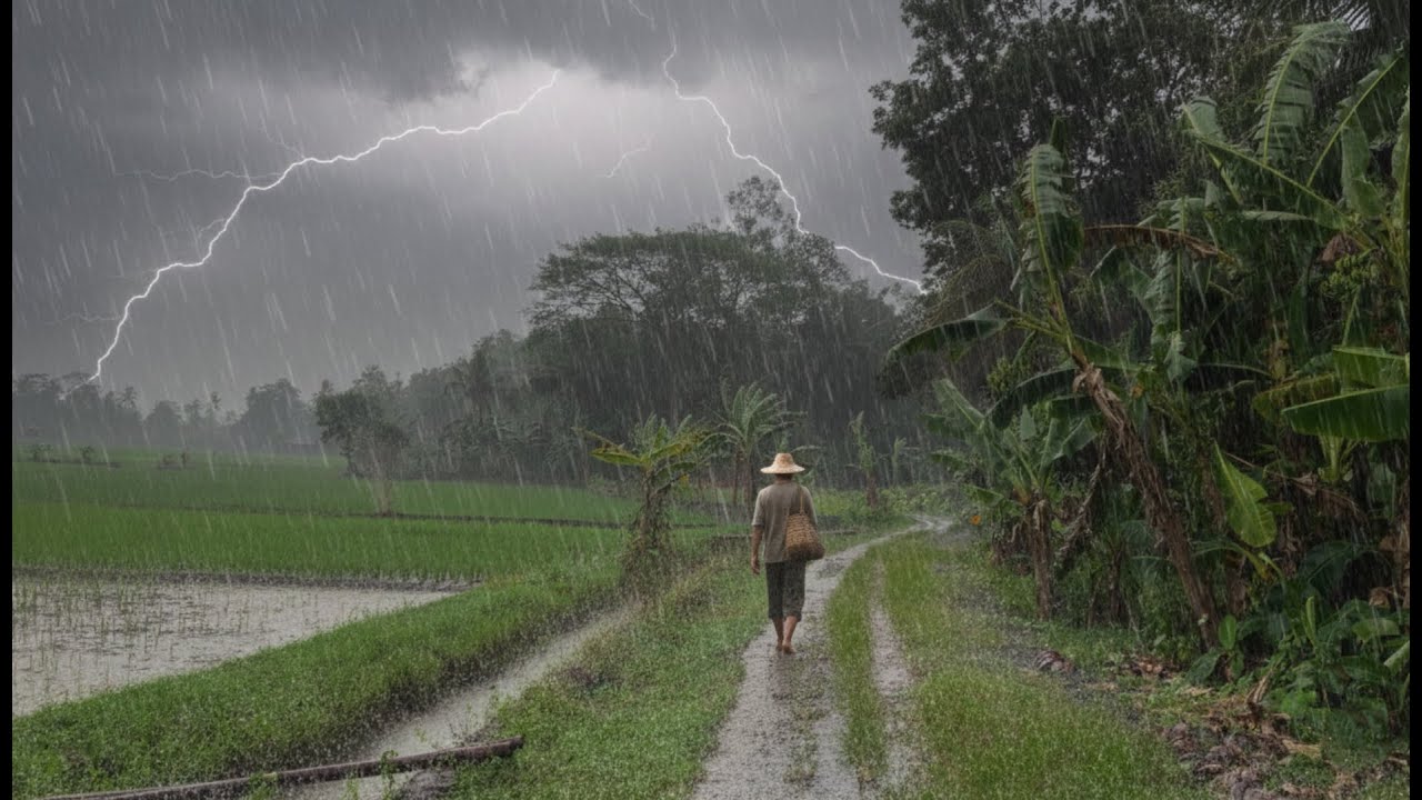 HEAVY RAIN AND STRONG WINDS IN A VILLAGE THAT CAN MAKE YOU RELAXED AND SUITABLE FOR YOUR SLEEP🌧🌧🍃