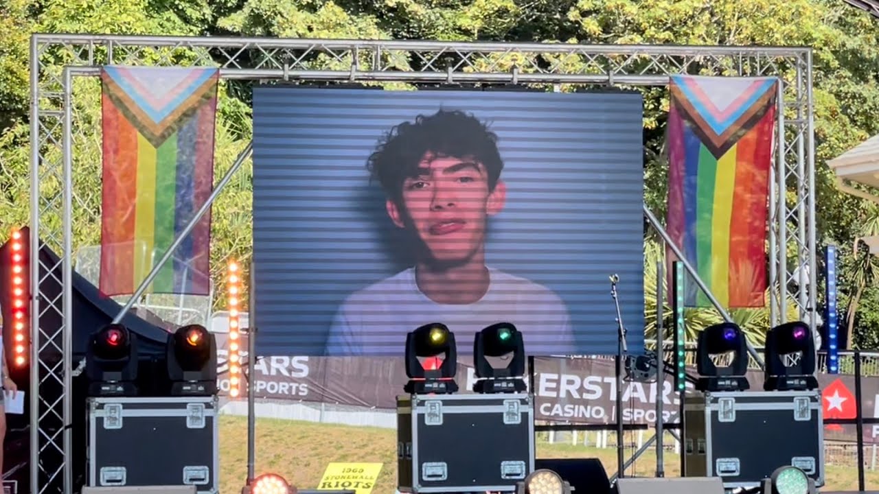 Joe Locke addressing Isle of Pride 2022 crowd in Douglas