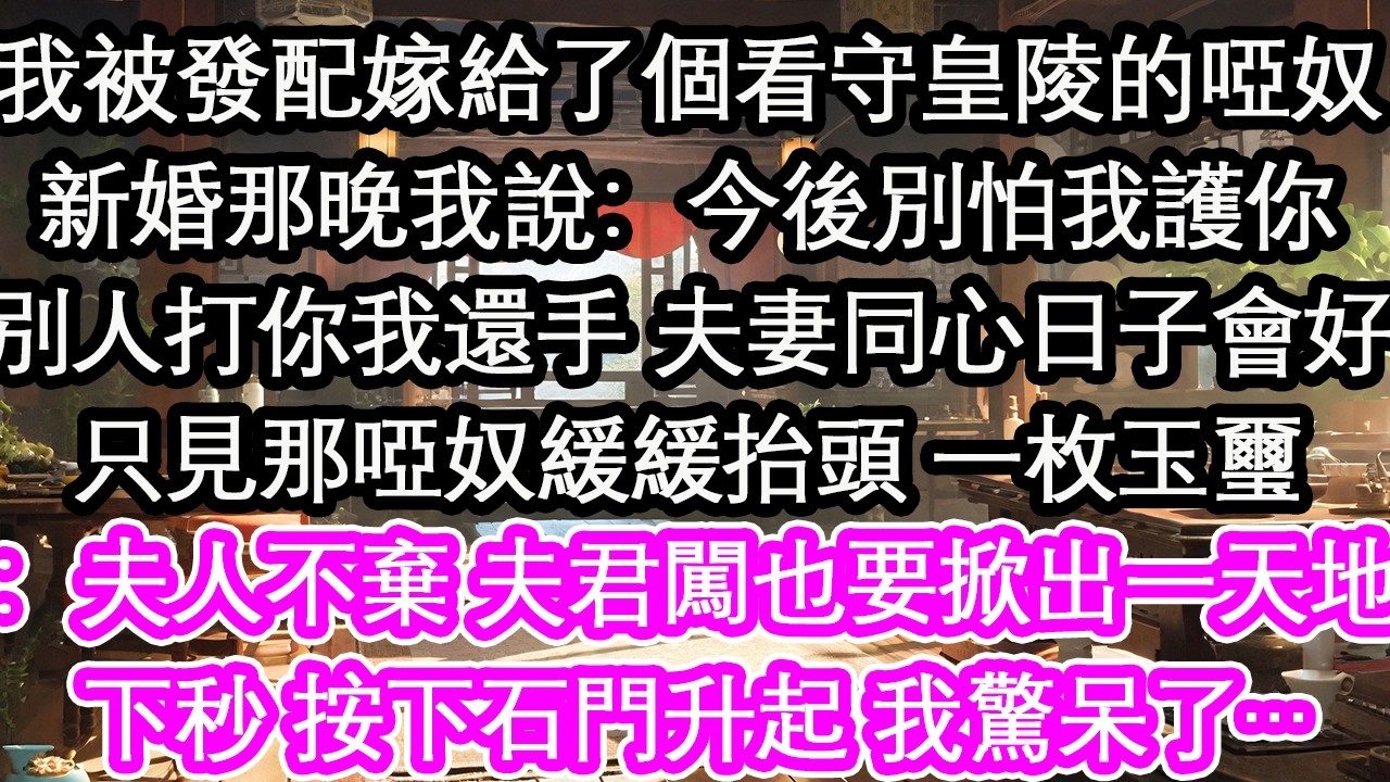 我被發配嫁給了個看守皇陵的啞奴新婚那晚我說：今後別怕我護你別人打你我還手 夫妻同心日子會好只見那啞奴緩緩抬頭 一枚玉璽：夫人不棄 夫君闖也要掀出一天地下秒 按下石門升起 我驚呆了…【花開】【愛情】