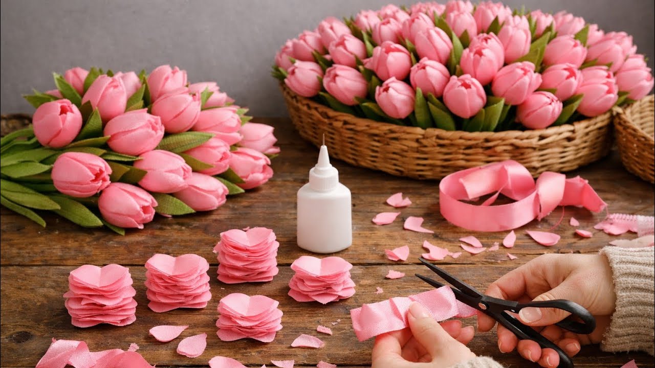 DIY Easy Satin Ribbon Flower Tulips 🌷/ Tulip hand Bouquet wedding Tutorial 