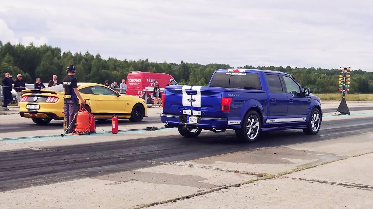 Ford Mustang GT 5.0 vs Shelby F-150 Super Snake 5.0 1/4 mile drag race
