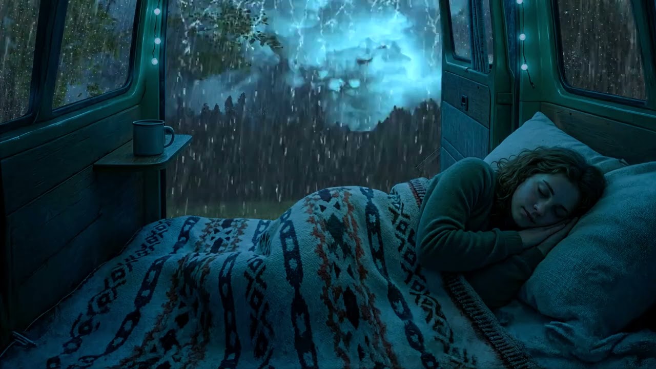 Deep Sleep in a Cozy Camping Car | Night Forest Rain + Distant Thunder (10 Hours)