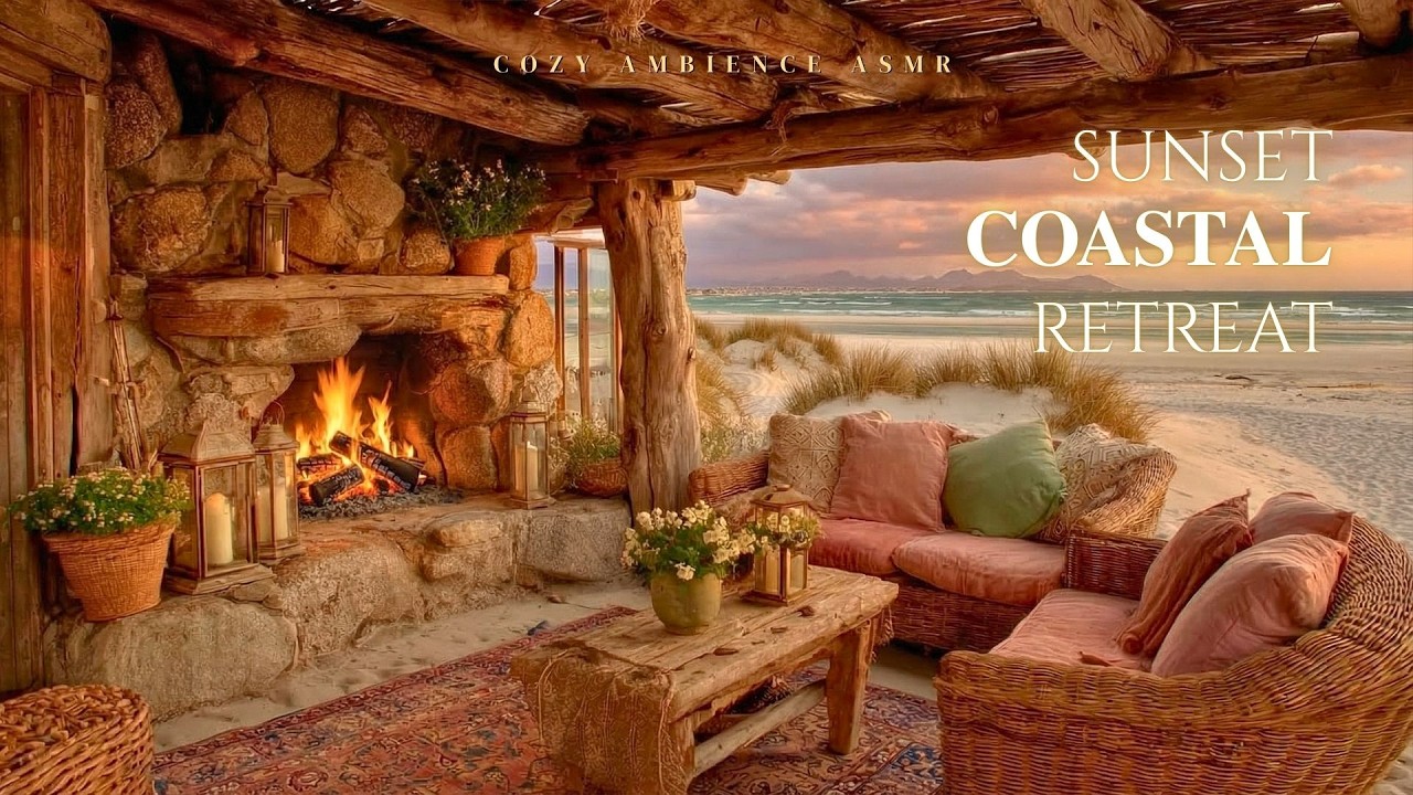 Sunset Coastal Retreat ✨ Fireplace Sounds and Ocean Waves for Deep Calm