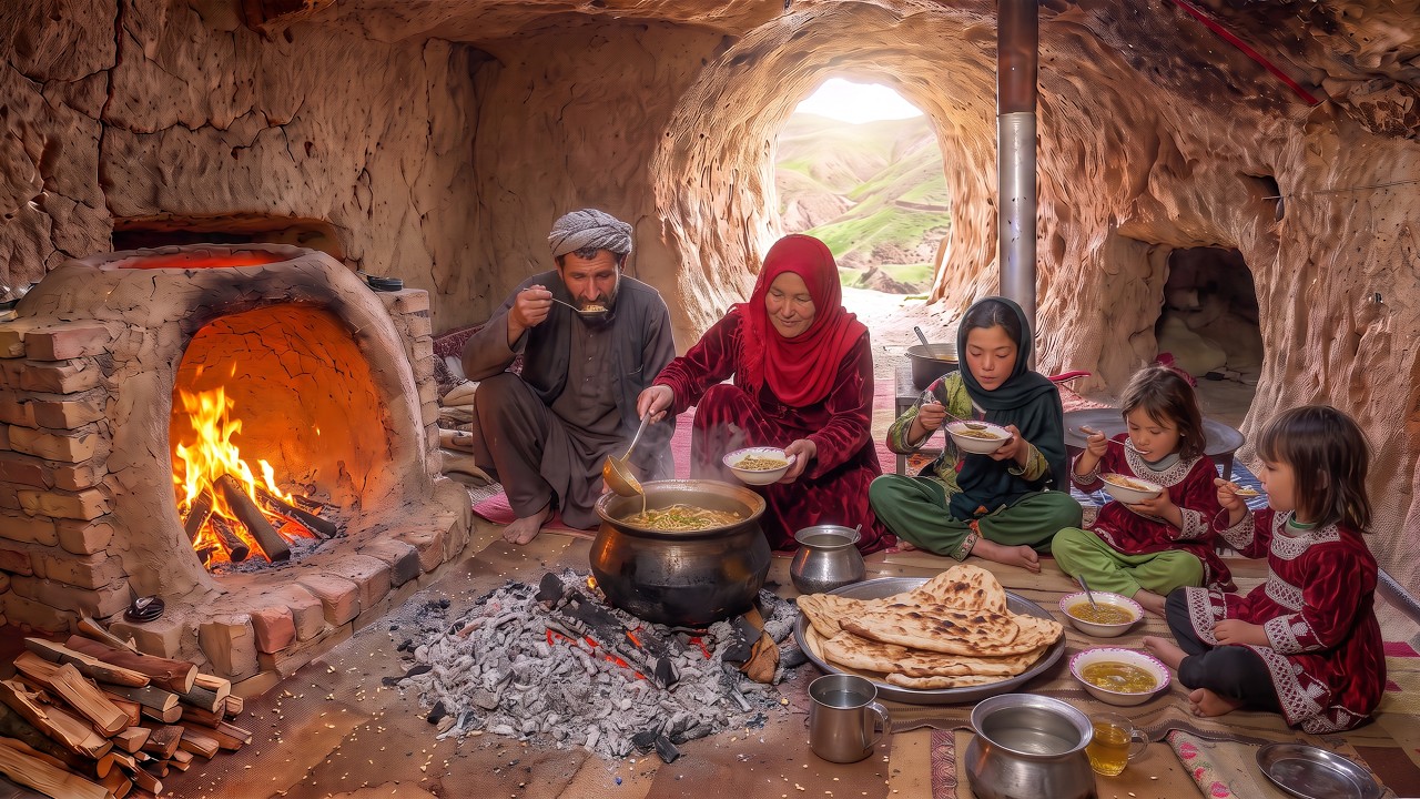 Surviving Inside a Mountain Cave &mdash; A Family's Real Meal Cooked and Shared Together