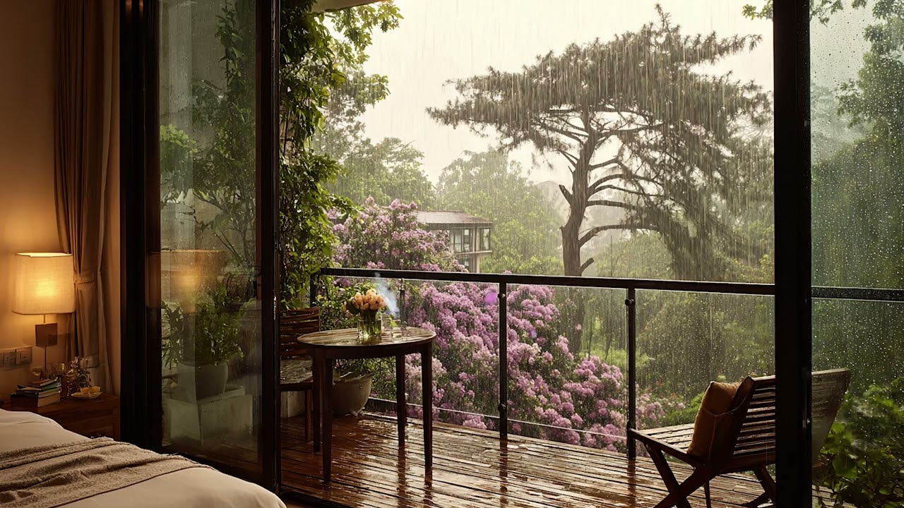 Rainy morning balcony view with flowers, butterflies sipping nectar, and calming gentle rain sounds