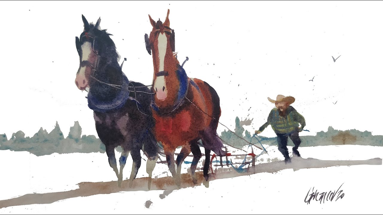 C&aacute;rcamo /watercolor / Ploughing with horses / 2020