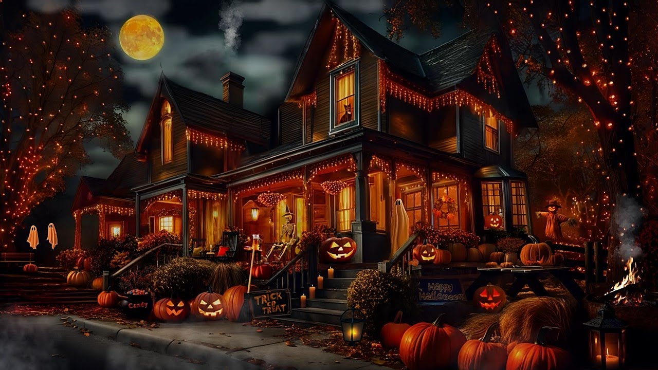 TRICK OR TREAT-HALLOWEEN STREET AMBIENCE-FALLING LEAVES-BONFIRE-JACK O LANTERNS-GHOSTS-NIGHT SOUNDS