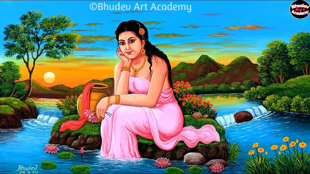 Indian Village Women Painting|Beautiful Indian Village Scenery Painting With Earthwatercolor