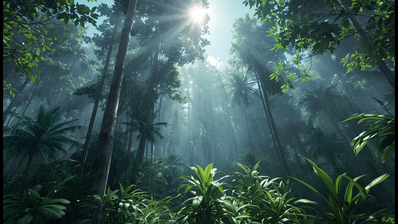 Tropical Rainforest Rain | Sun Rays & Gentle Nature Sounds for Relaxation, Focus & Sleep (1 hour)