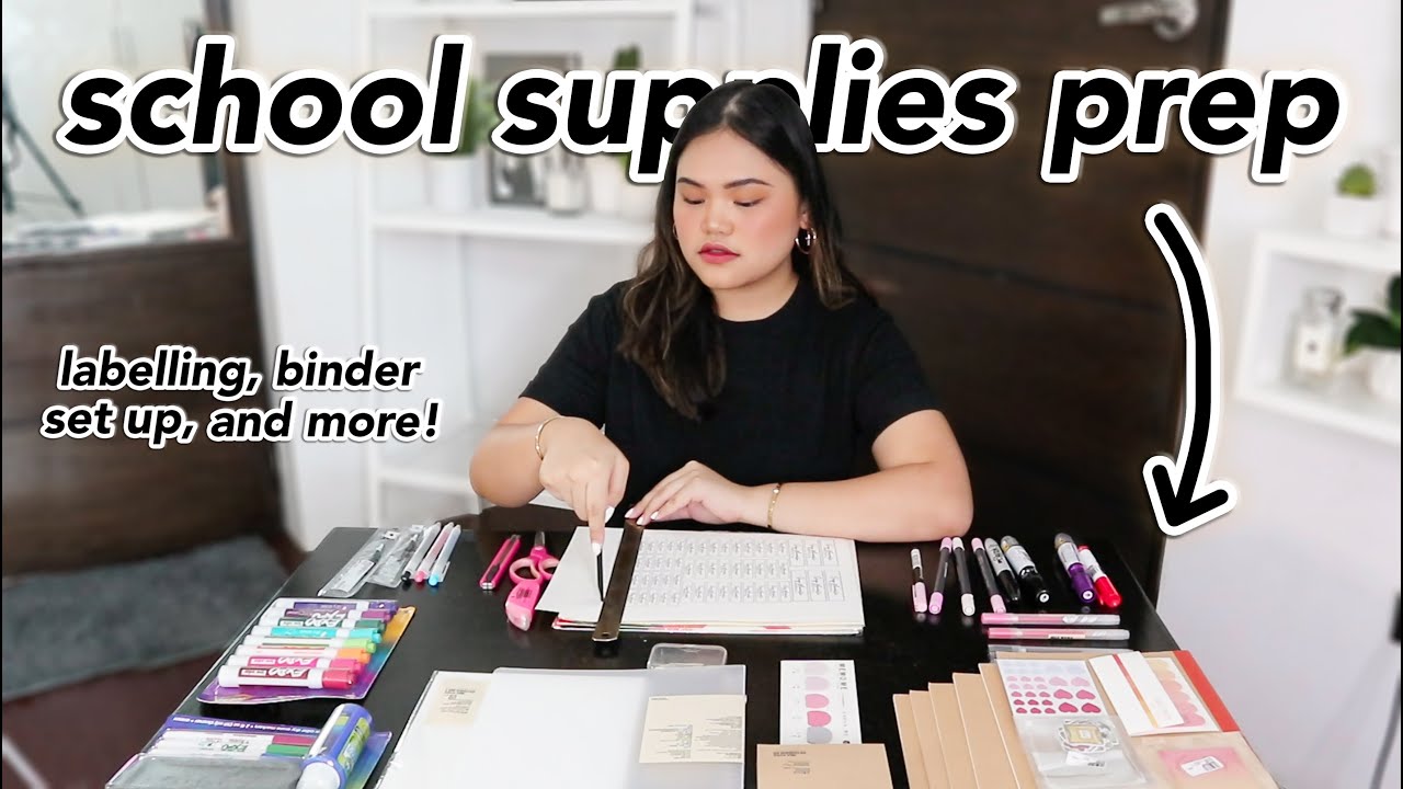 school supplies prep: binder setup, labelling, organizing