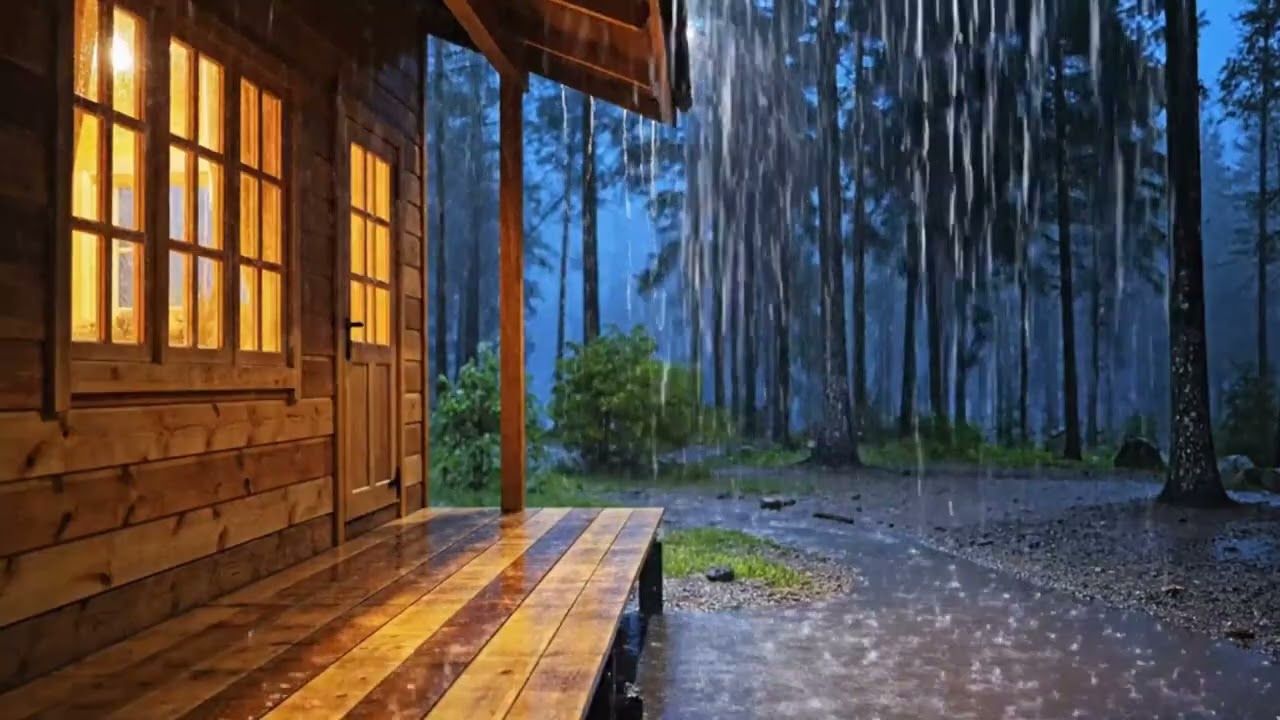 4 Hours of Heavy Rain at a Cozy Wooden Cabin  in the Forest at Night for Deep Sleep and Relaxation