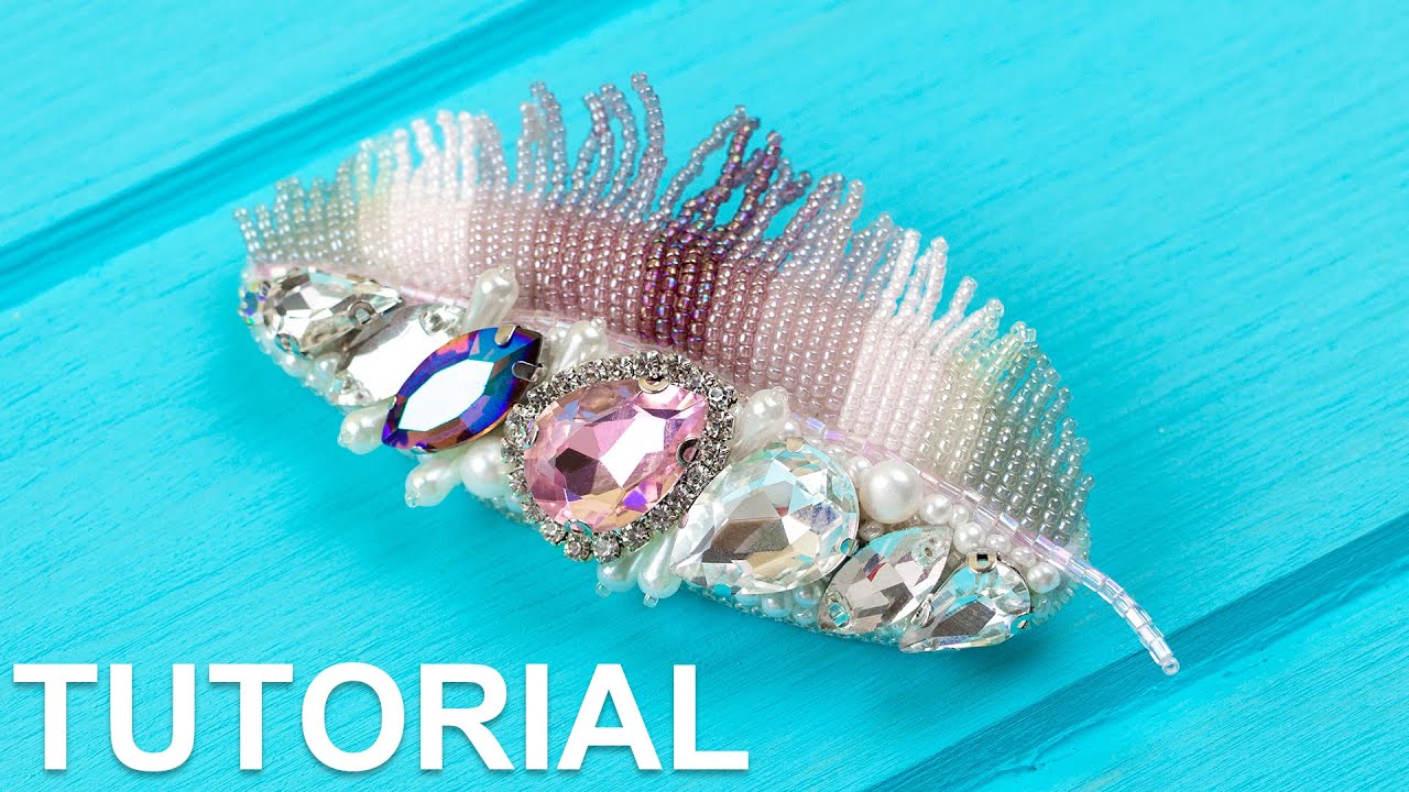 Feather Brooch embroidered with seed beads and crystals / Tutorial / DIY