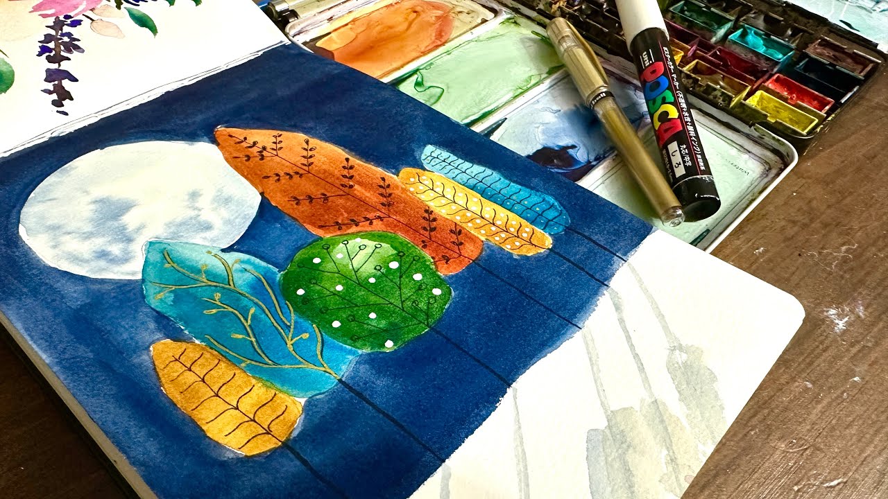 Watercolor Journal Day 43 (Folk Art Trees and Moon)