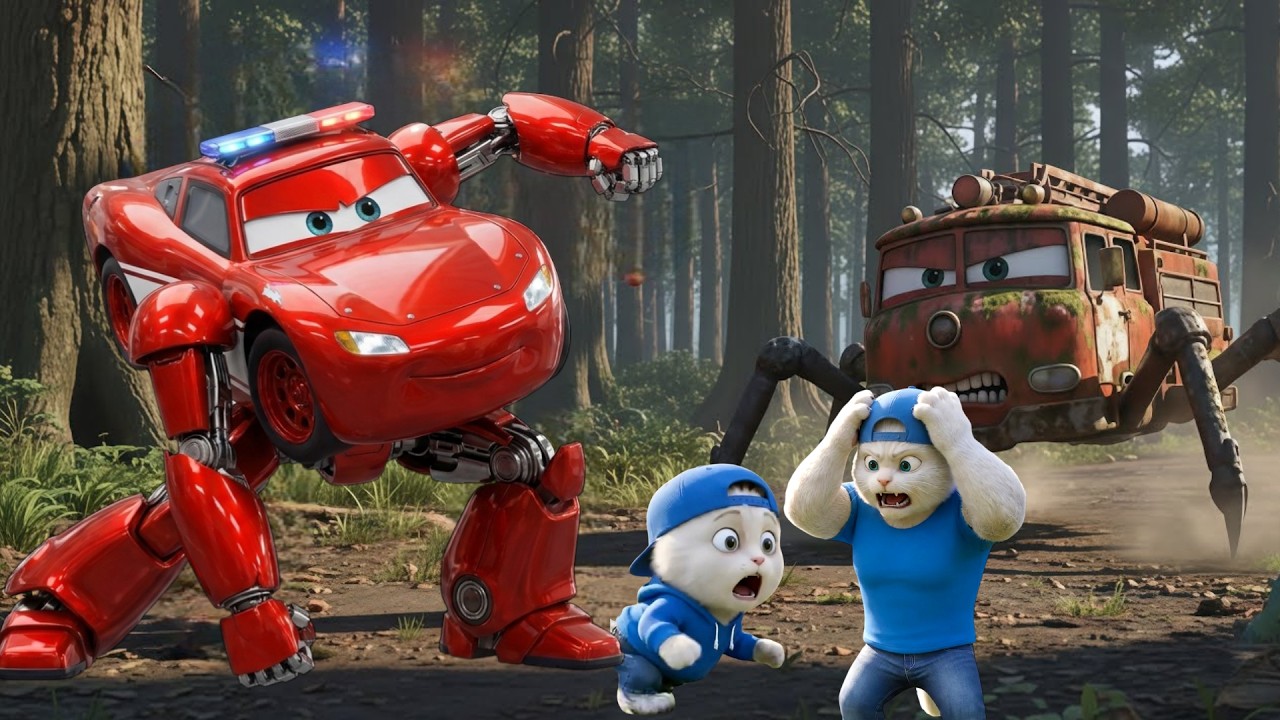 Kitten found abandoned police lightning mcqueen and save the monster firetruck!!!