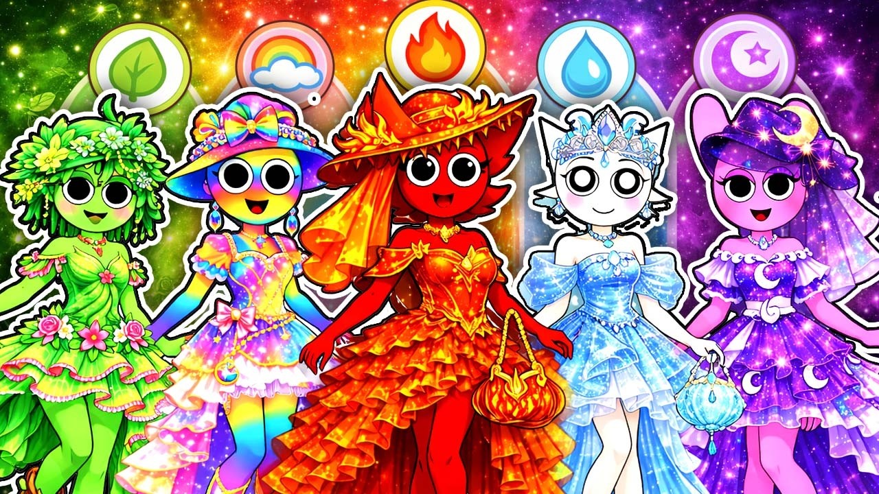 5 Elements Fashion Challenge: Leaf, Rainbow, Fire, Water & Moon | DIY Fashion Sprunki Paper Doll