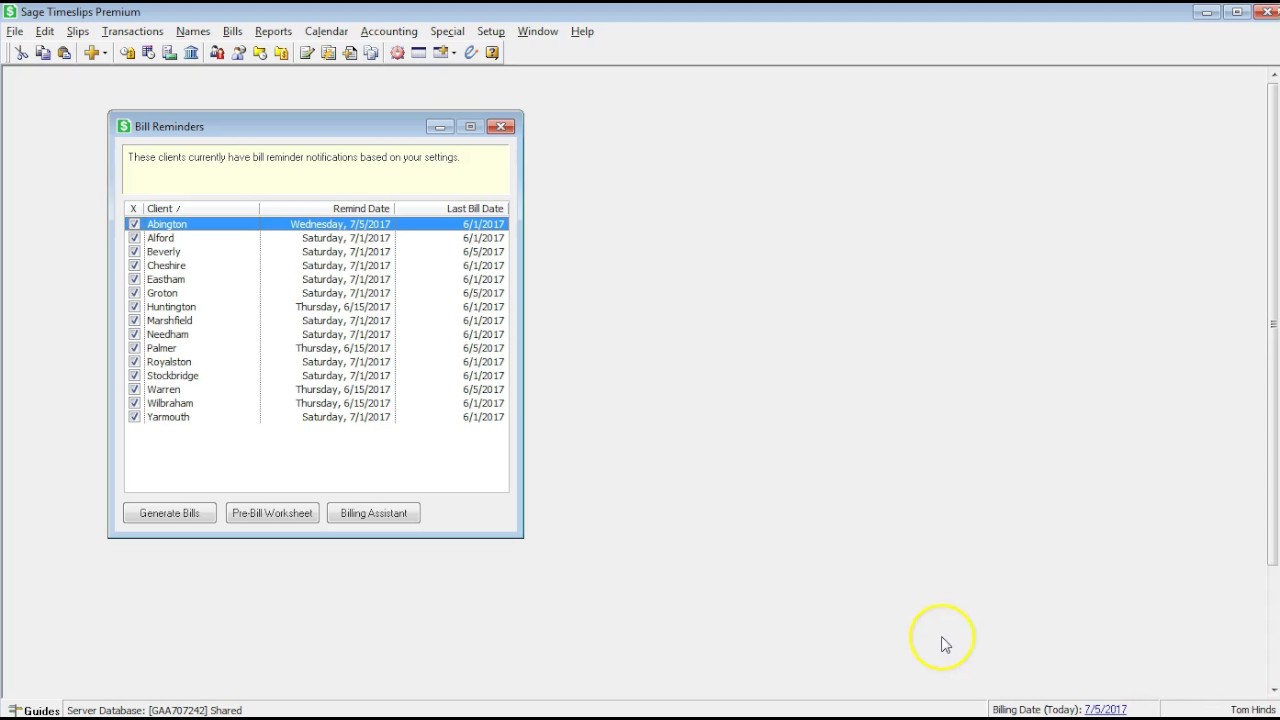Sage Timeslips Premium: Bill Reminders