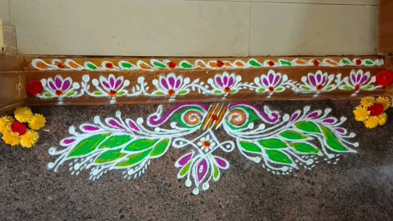 “ viral Auspicious friday rangoli | colorful begins with peacock & flowers design ✨🌺 🌿🌾🦚🌼 ”