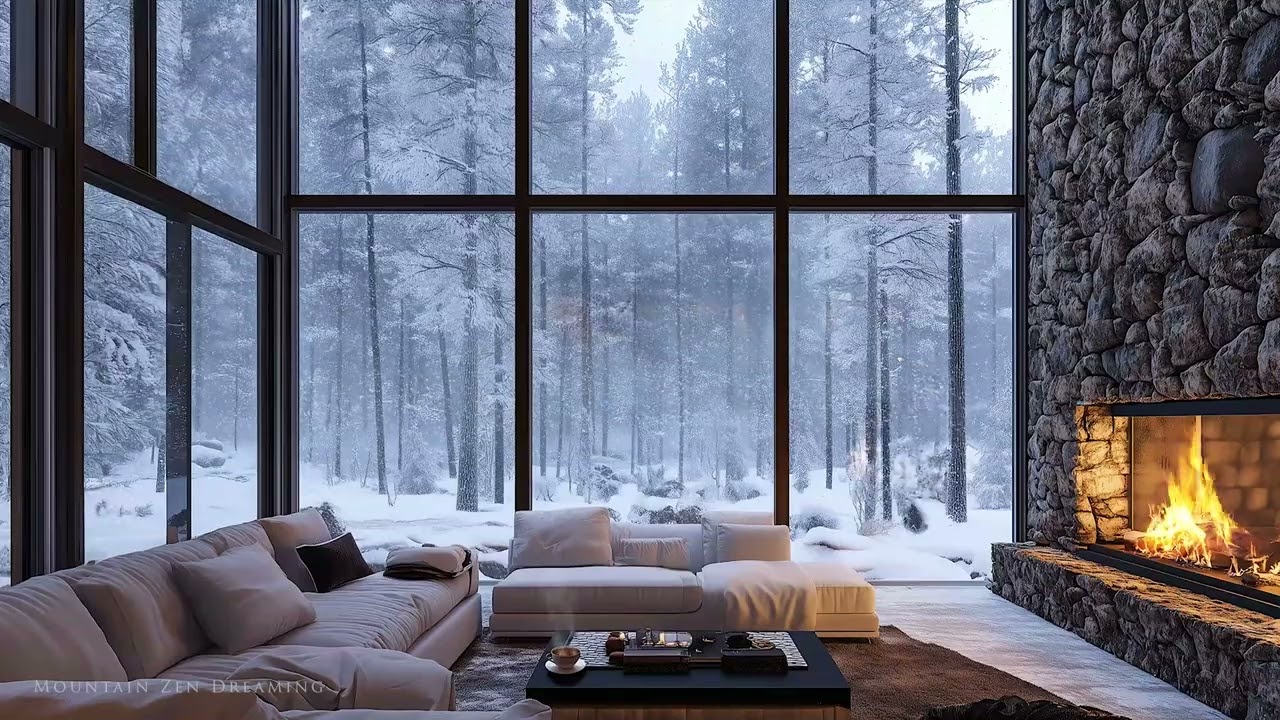 A Cozy Winter Lodge Retreat: Enjoy the Tranquility of Falling Snow & the Comfort of a Crackling Fire