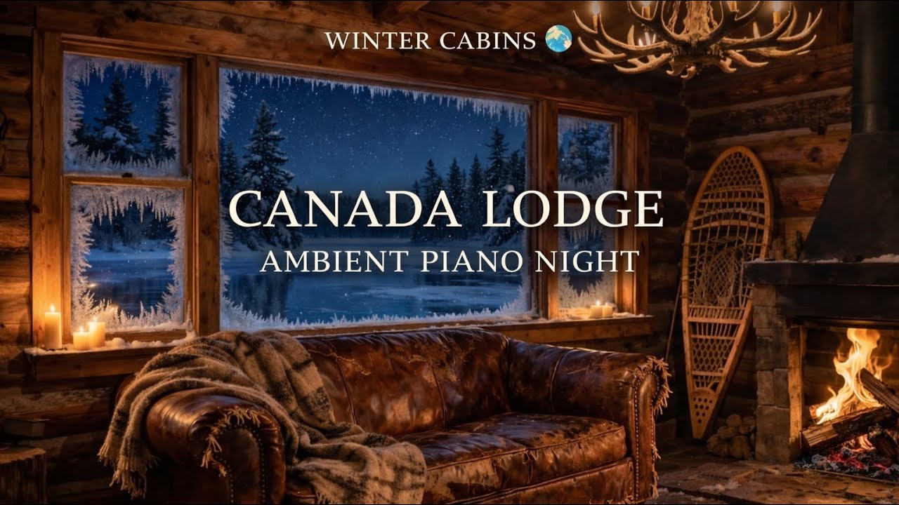 Canadian Log Cabin Night Fireplace Ambience❄️ Soft Piano & Violin | Snowfall, Relax, Sleep (1 Hour)