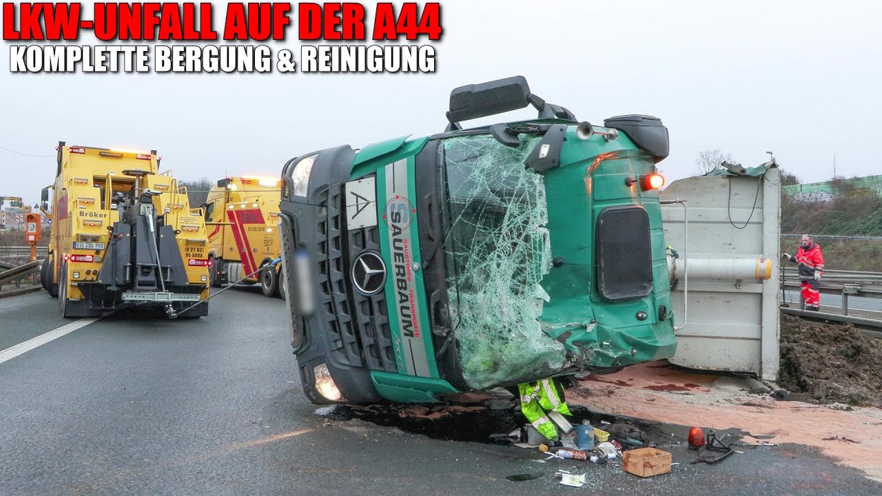 [SATTELKIPPER AUF A44 UMGESTÜRZT!] - Aufwendige Reinigungs- & Bergungsarbeiten ~ Flughafenfeuerwehr