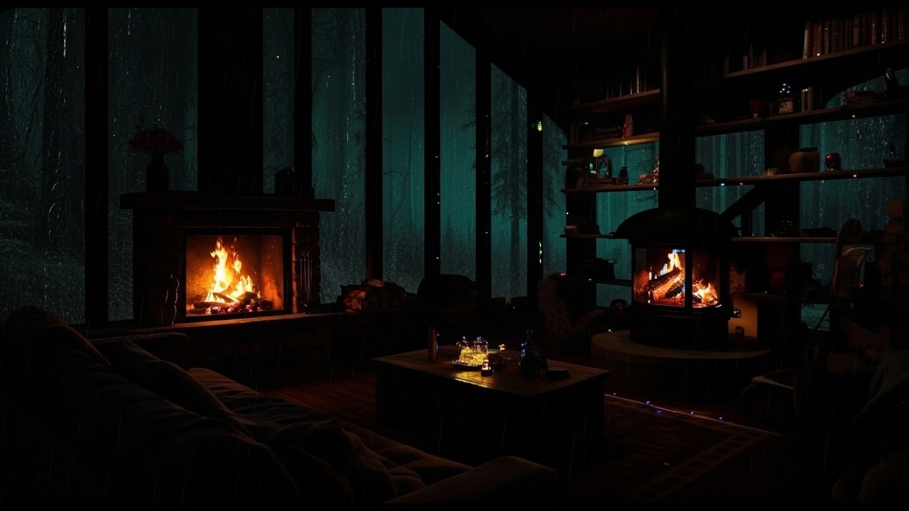 Relaxing Rain and Fireplace Sounds in Cozy Cabin Night for Sleep and Relaxation