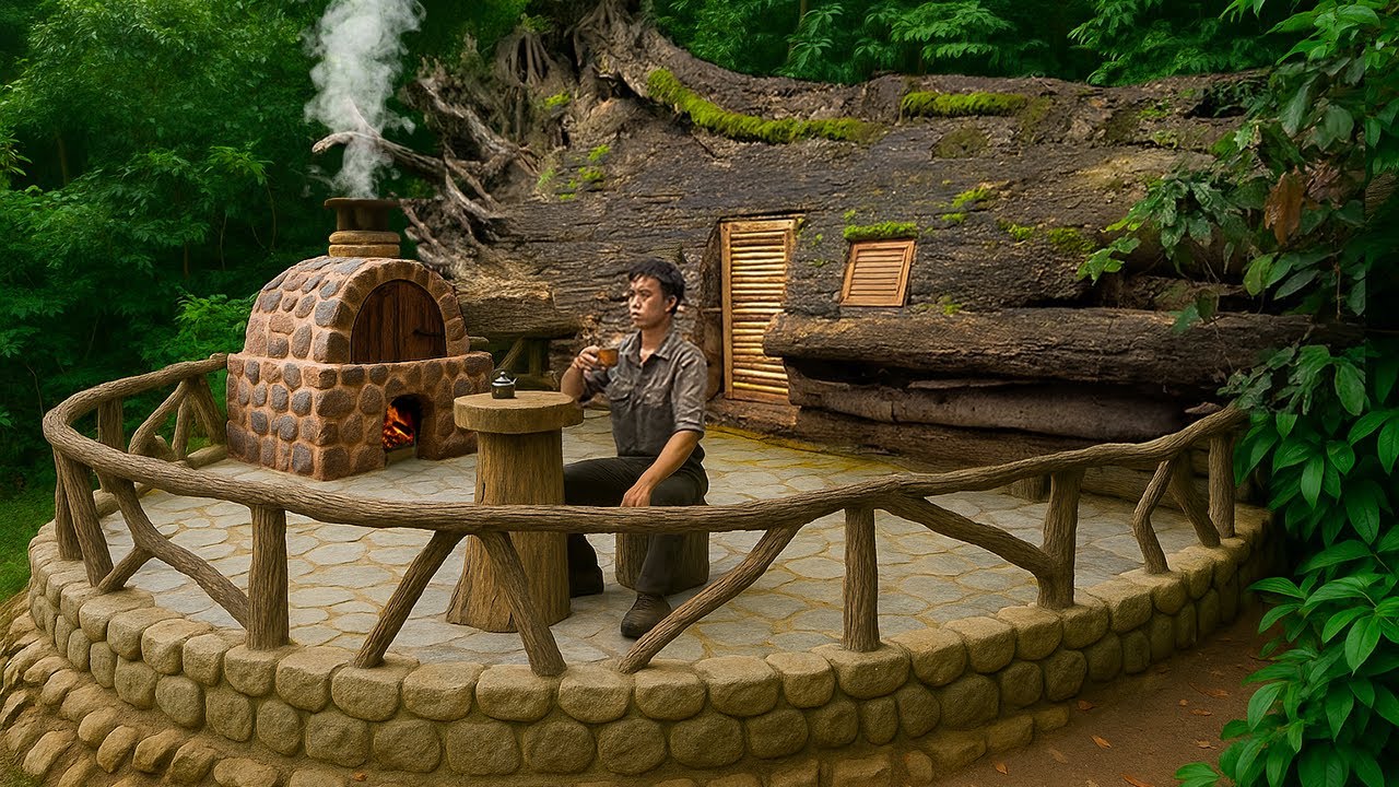 I building  a Complete Bushcraft Survival House on a Giant Fallen Tree Trunk ( Part 2 )