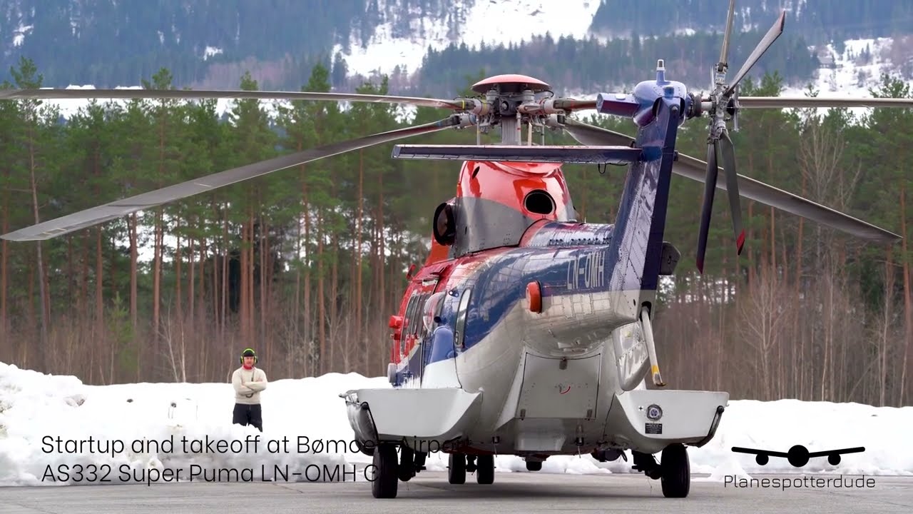 AS332 Super Puma rescue copter at Voss airport! Startup and takeoff!