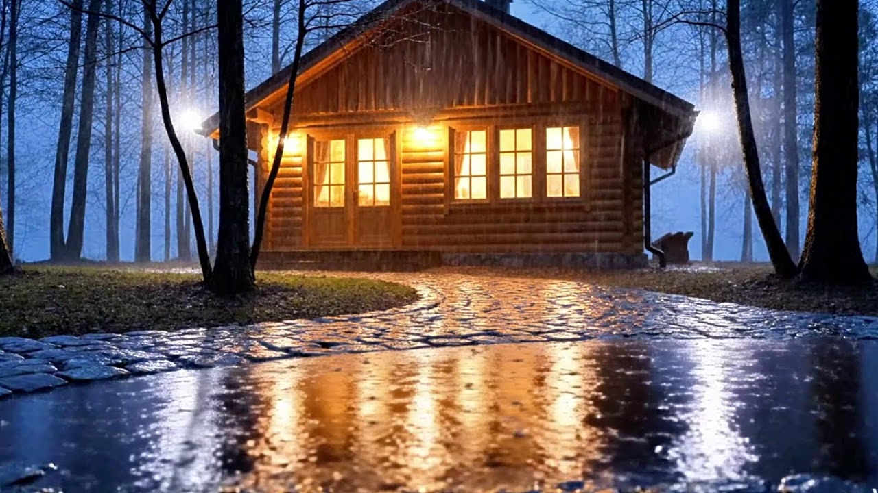 Streaming Calming Rain at a Log Cabin at Night | ASMR for Deep Sleep