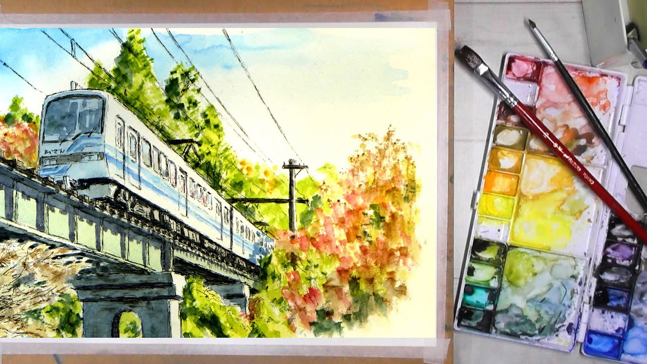秋晴れの光　／　京都・叡山電鉄 【透明水彩風景画】  Autumn weather　【Watercolor】
