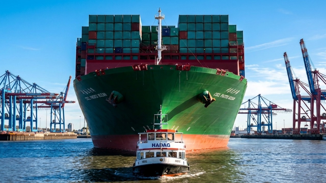 400-meter ship CSCL PACIFIC OCEAN leaving Port of Hamburg