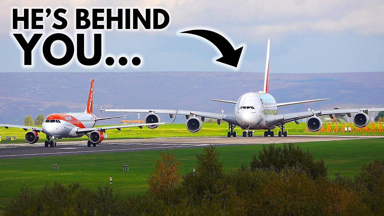 A380 vs A320: Emirates shares runway with easyJet | A380 CLOSEUP Takeoff at Manchester Airport (4K)