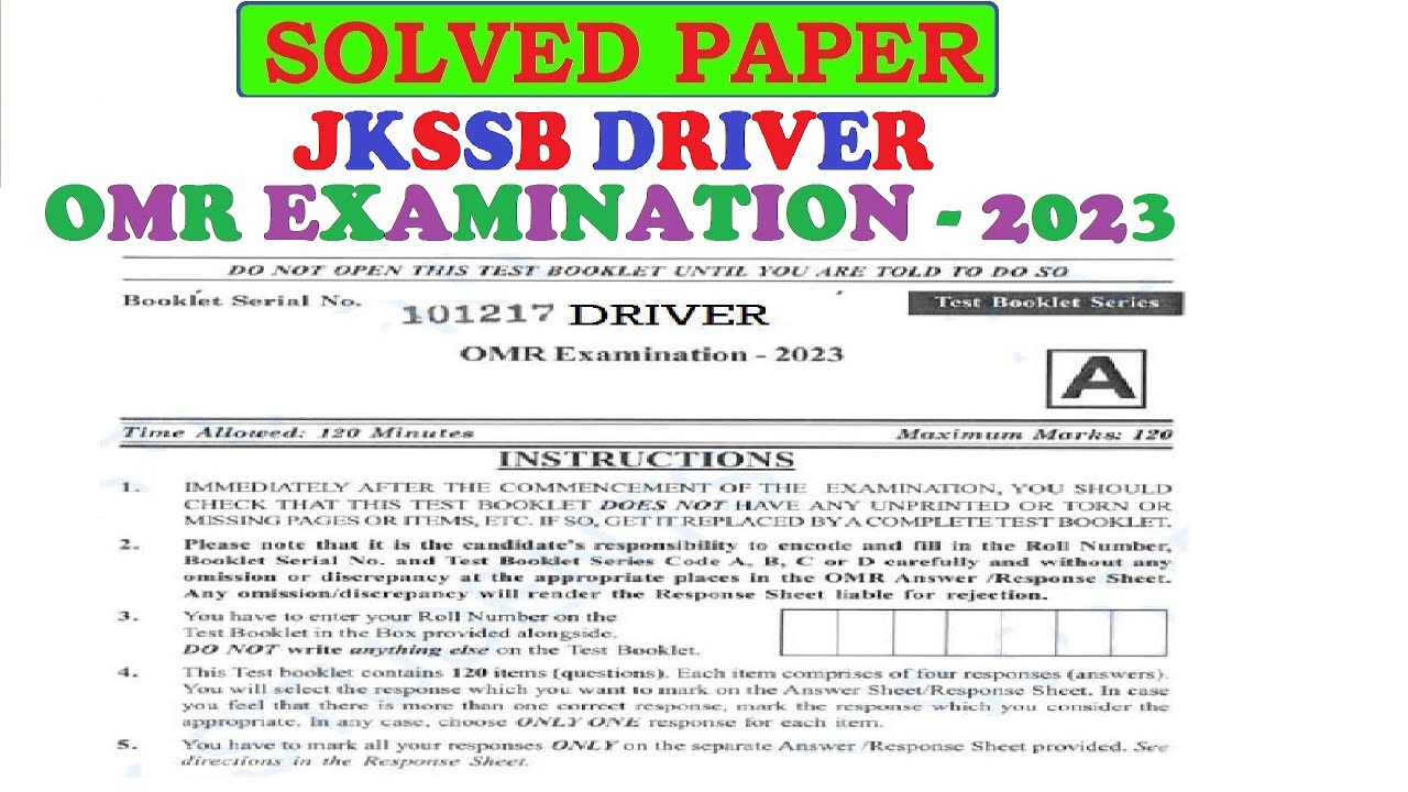 PREVIOUS YEAR SOLVED PAPER OF JKSSB DRIVER 2023 OMR PAPER WITH ANSWER KEY HELD ON 24TH DECEMBER 2023