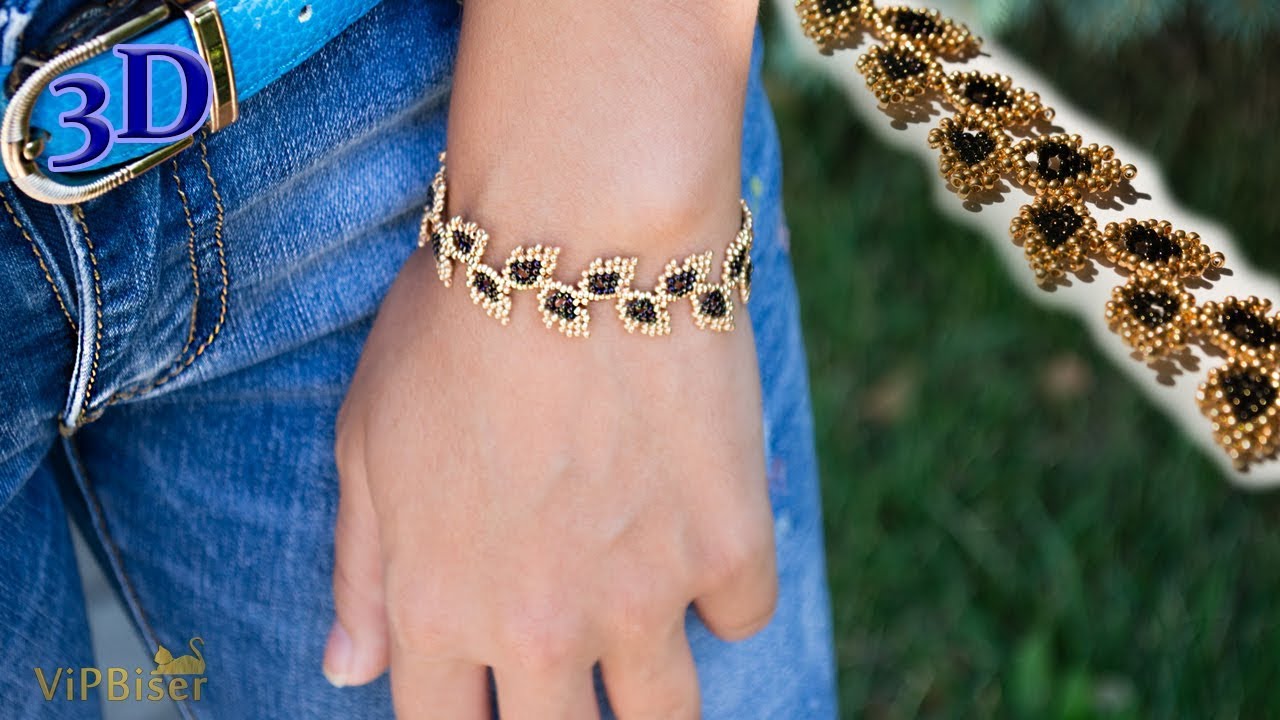 Beaded Bracelet Gold Leaves. 3D Beading Tutorial