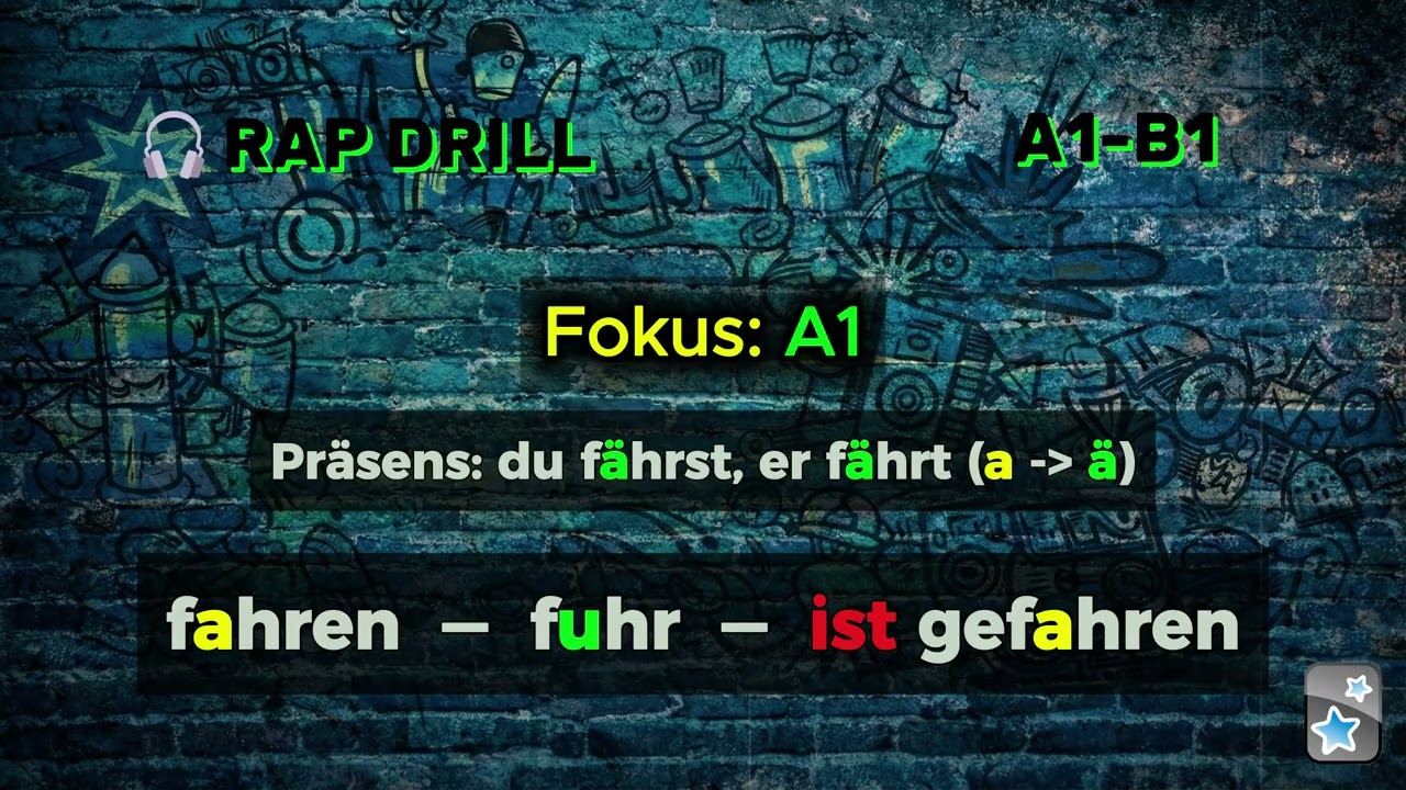 German Rap Drill: Сильные глаголы A1 | fahren – fuhr – ist gefahren (A–U–A + Umlaut)
