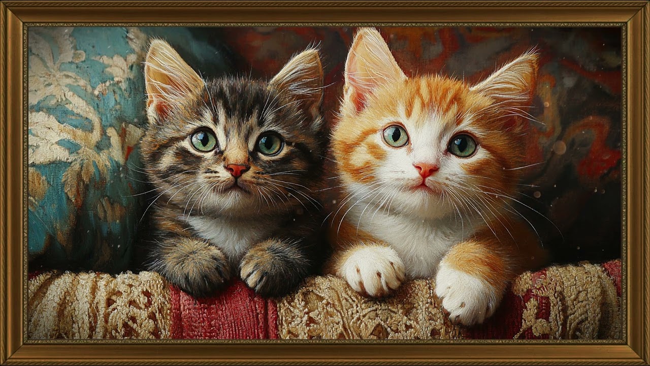 Vintage tv oil art cats painting | gold frame tv art | art screensaver for tv for 1 hrs