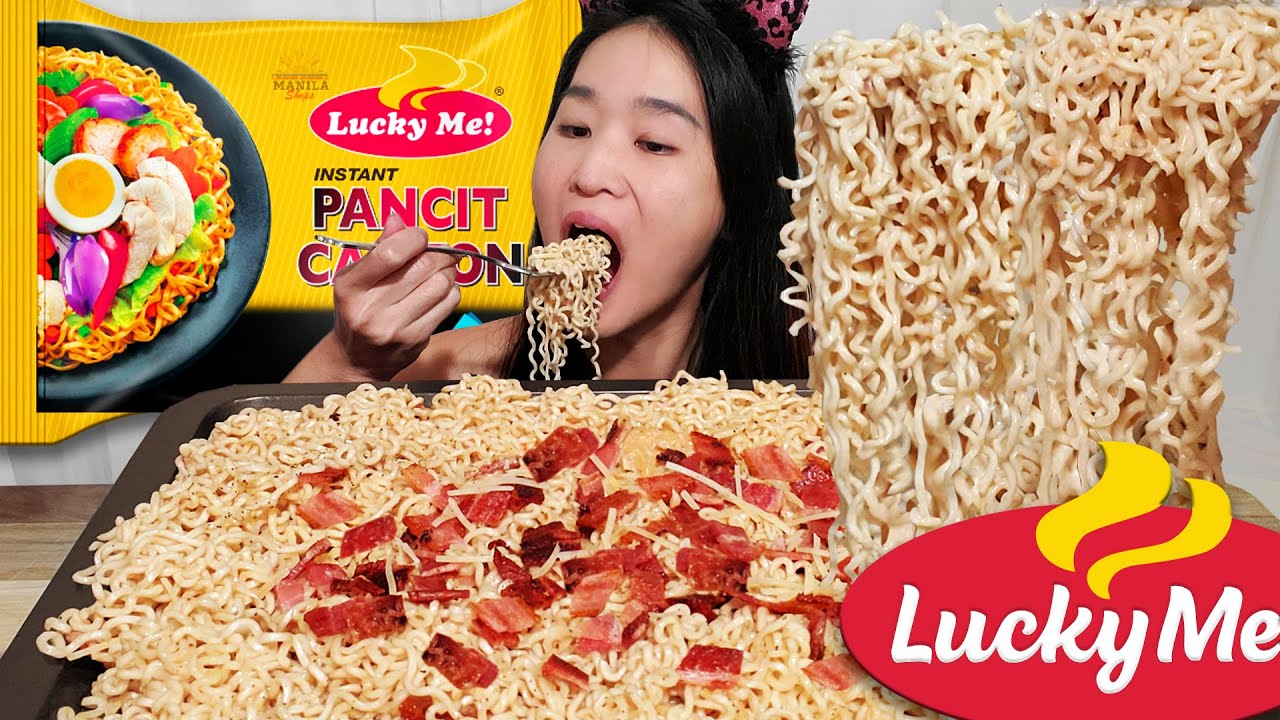 CREAMY PANCIT CANTON CARBONARA MUKBANG! Lucky Me Carbonara Recipe - Filipino Food Noodles ASMR