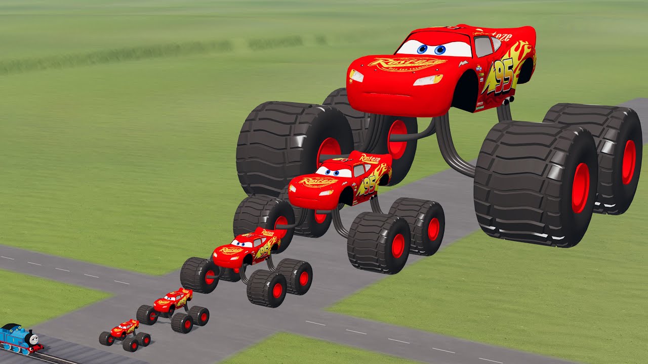 Big & Small McQueen Spider with Monster Wheels VS Train | BeamNG.drive