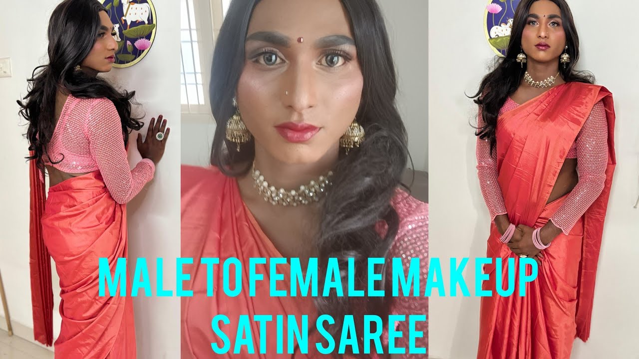 crossdresser in satin saree | Dharani Cd | male to female full body transformation makeup 🕺➡️💃