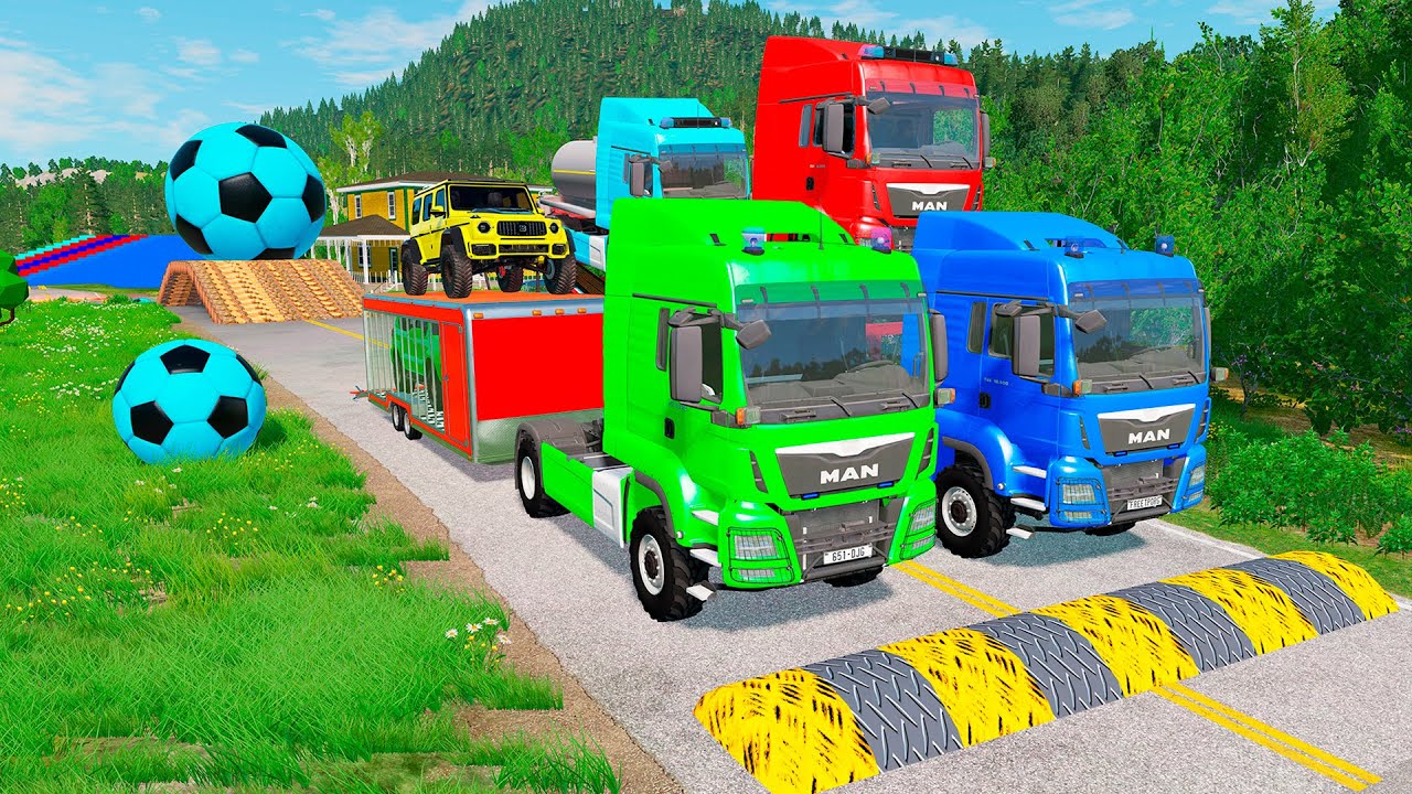 Double Flatbed Trailer Truck vs Speedbumps Train vs Cars | Tractor vs Train Beamng.Drive 0126