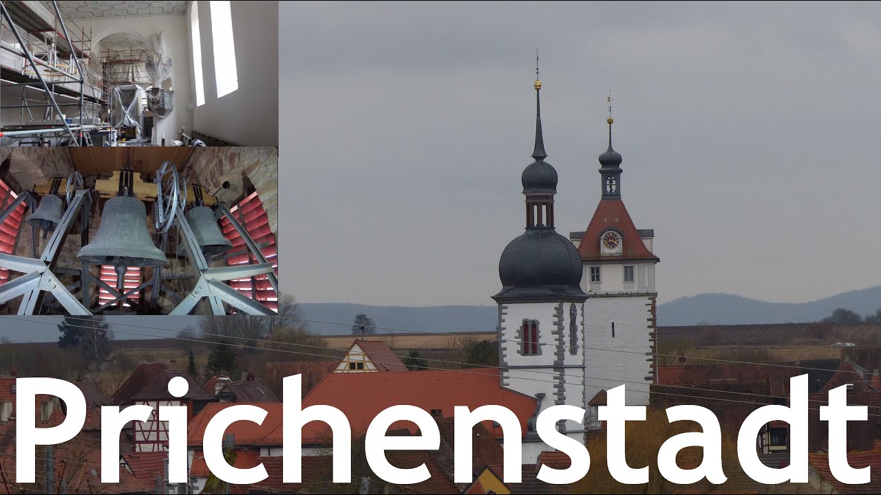 Prichsenstadt (KT) Die drei Glocken der Evangelischen Kirche (Turmaufnahme)